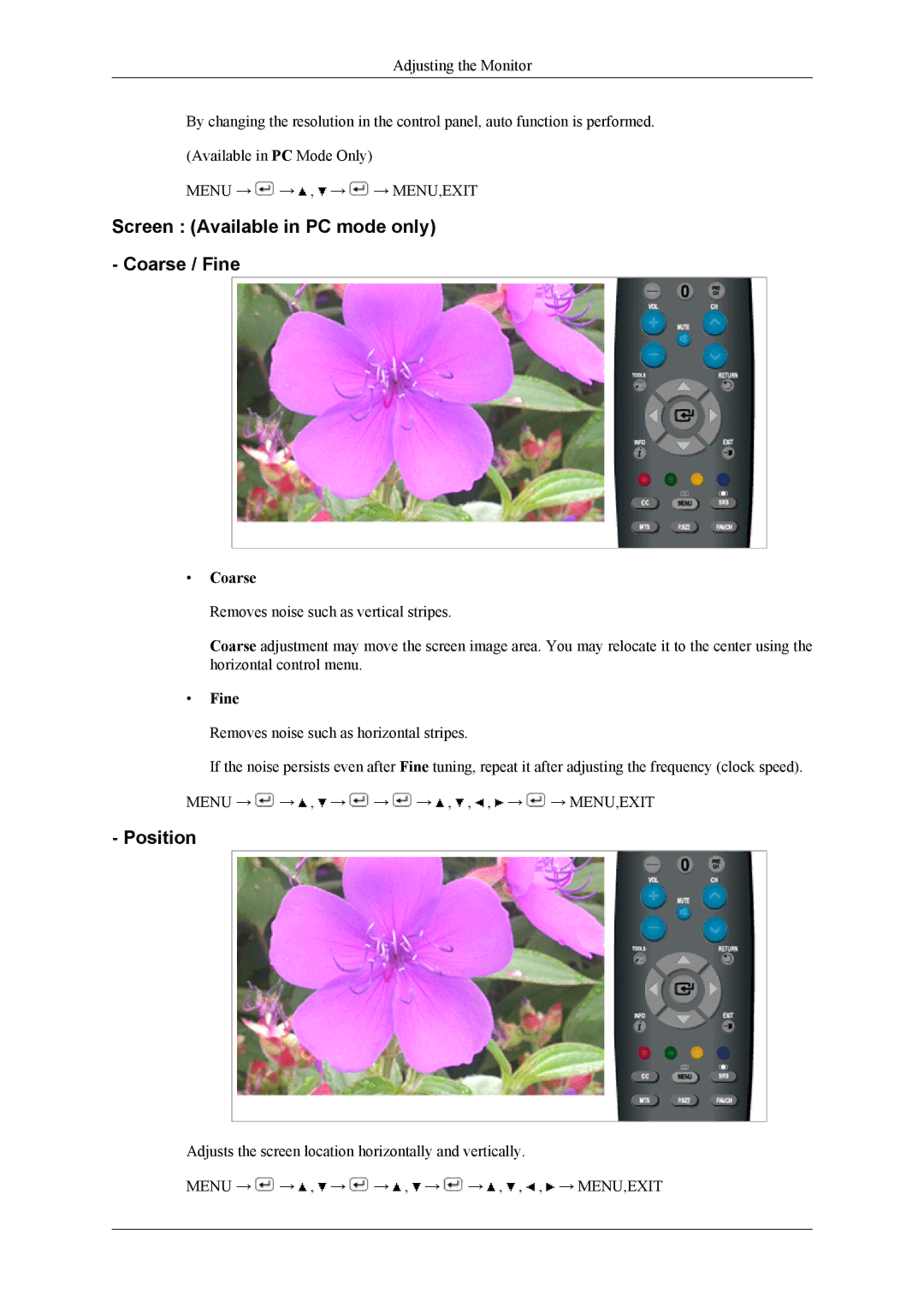 Samsung LS22TDDSUV/EN, LS20TDDSUV/EN, LS22TDDSU/ZN manual Screen Available in PC mode only Coarse / Fine, Position 