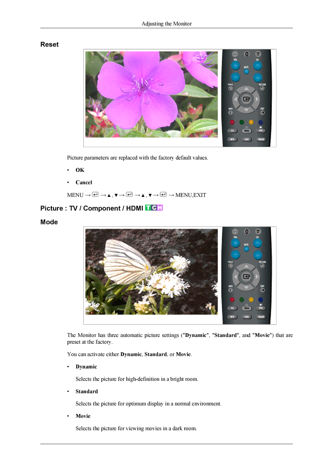 Samsung LS22TDDSUV/EN, LS20TDDSUV/EN, LS22TDDSU/ZN manual Reset, Picture TV / Component / Hdmi Mode 