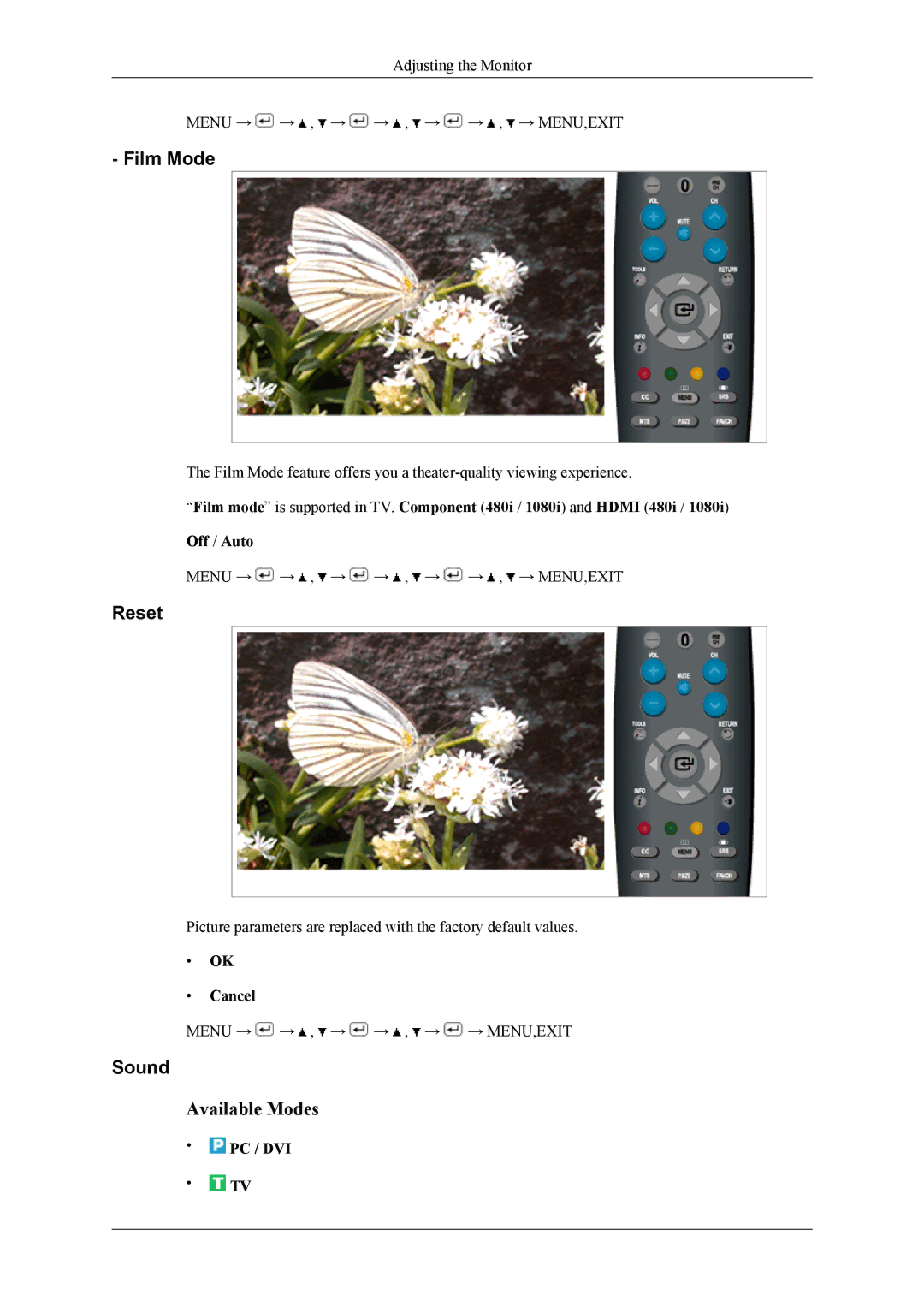 Samsung LS22TDDSU/ZN, LS20TDDSUV/EN, LS22TDDSUV/EN manual Film Mode, Sound, Pc / Dvi 