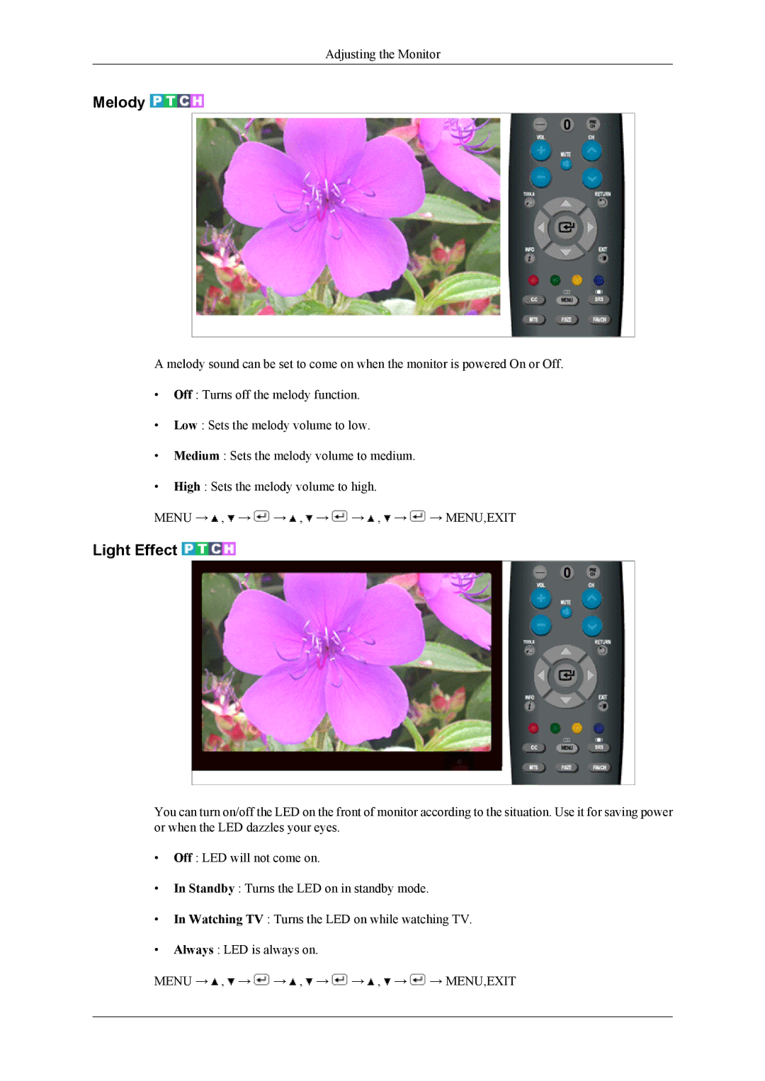 Samsung LS22TDDSU/ZN, LS20TDDSUV/EN, LS22TDDSUV/EN manual Melody, Light Effect 