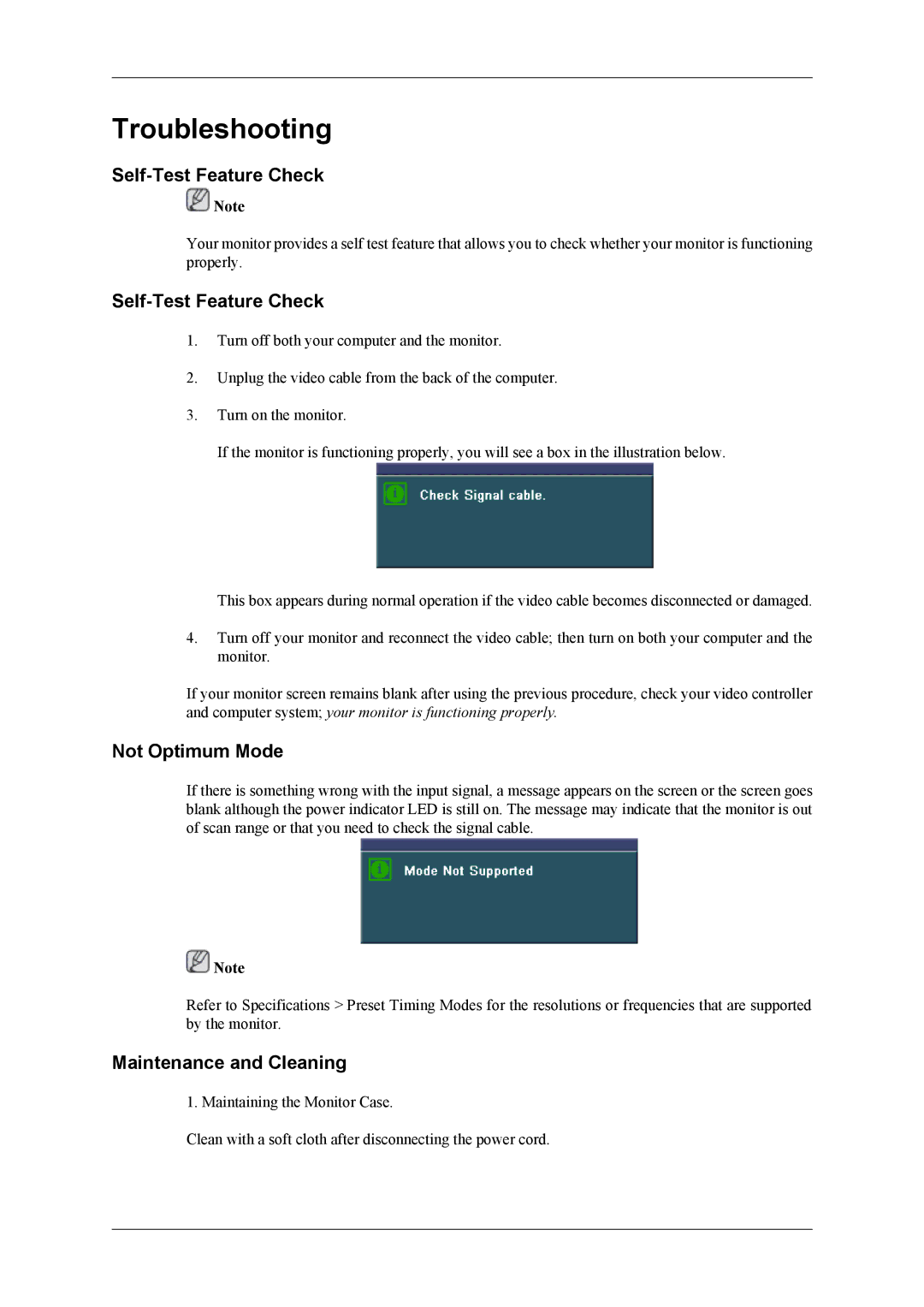 Samsung LS20TDDSUV/EN, LS22TDDSUV/EN Troubleshooting, Self-Test Feature Check, Not Optimum Mode, Maintenance and Cleaning 