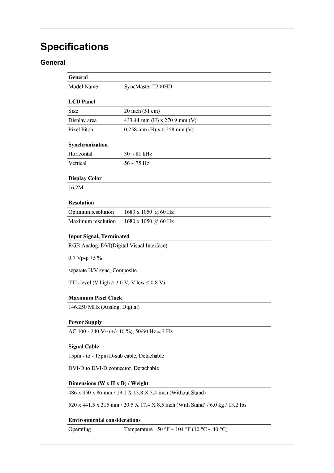 Samsung LS22TDDSUV/EN, LS20TDDSUV/EN, LS22TDDSU/ZN manual Specifications, General 