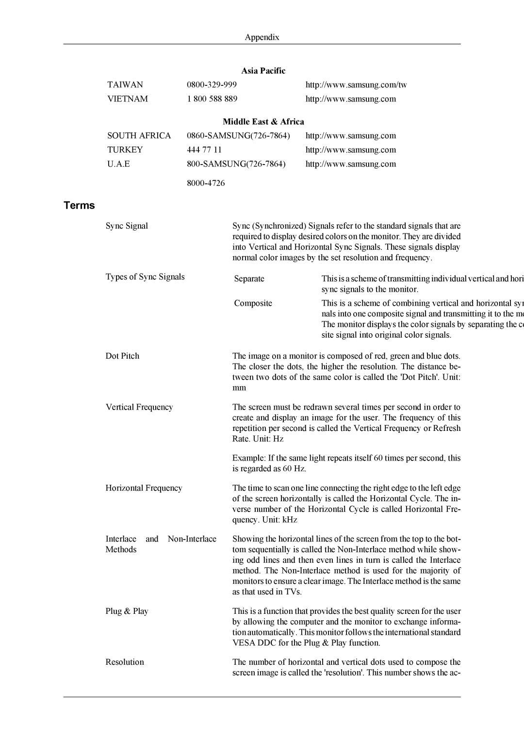 Samsung LS22TDDSUV/EN, LS20TDDSUV/EN, LS22TDDSU/ZN manual Terms, Middle East & Africa 