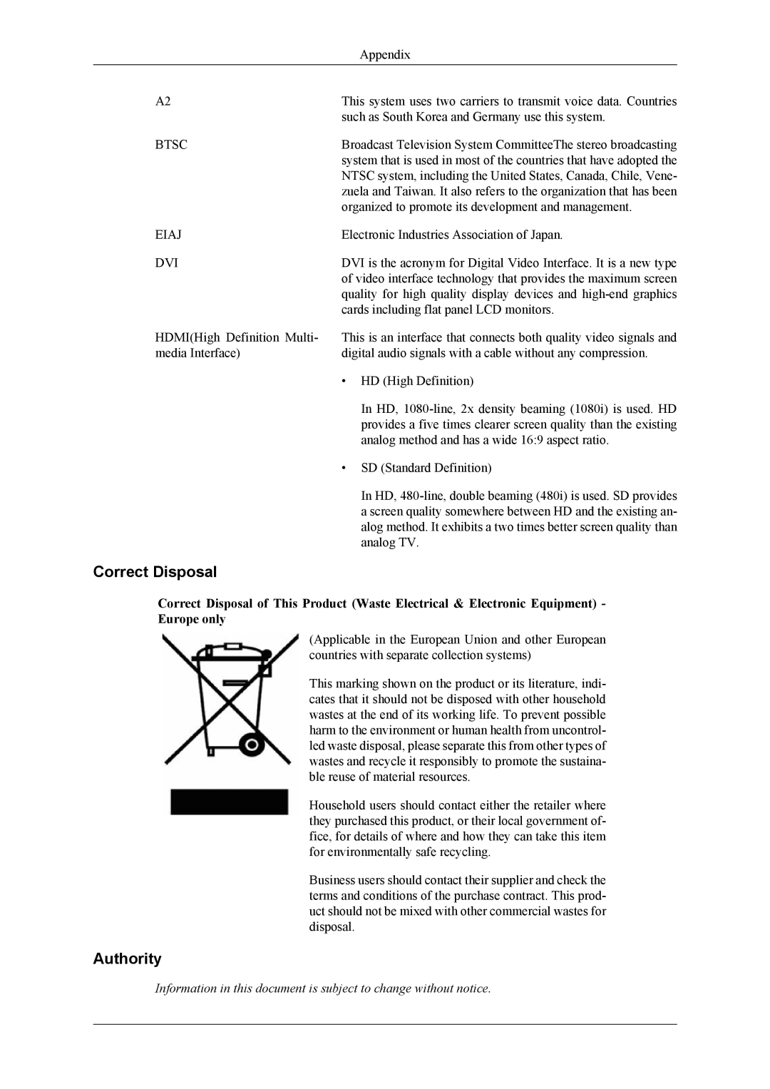 Samsung LS20TDDSUV/EN, LS22TDDSUV/EN, LS22TDDSU/ZN manual Correct Disposal, Authority 