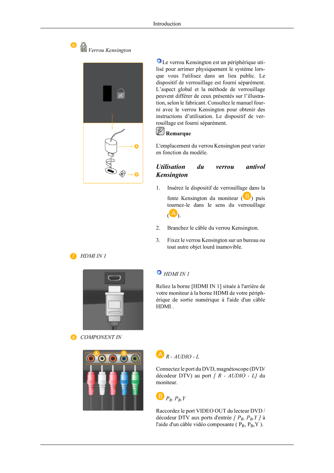 Samsung LS22TDDSUY/EN manual  ,QVpUHOHGLVSRVLWLIGHYHUURXLOODJHGDQVOD,  %UDQFKHOHFkEOHGXYHUURX.HQVLQJWRQ 