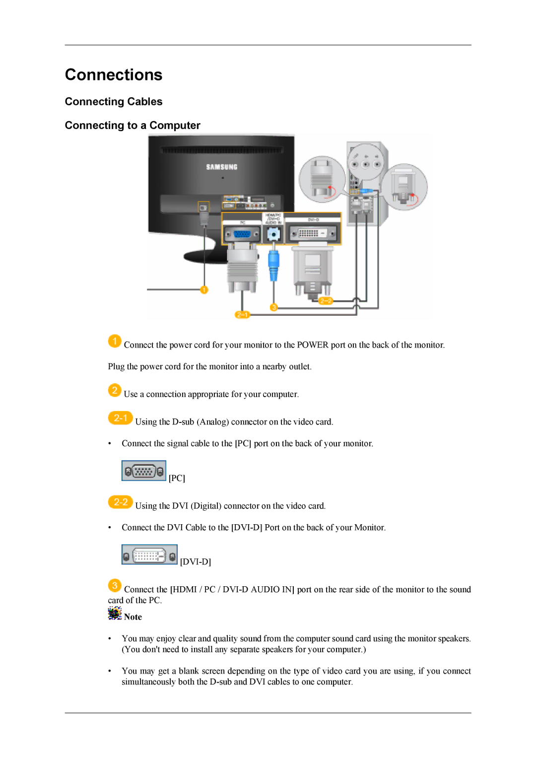 Samsung LS20TDVSUV/EN, LS22TDDSUY/EN, LS20TDDSUV/EN manual Connections, Connecting Cables Connecting to a Computer 