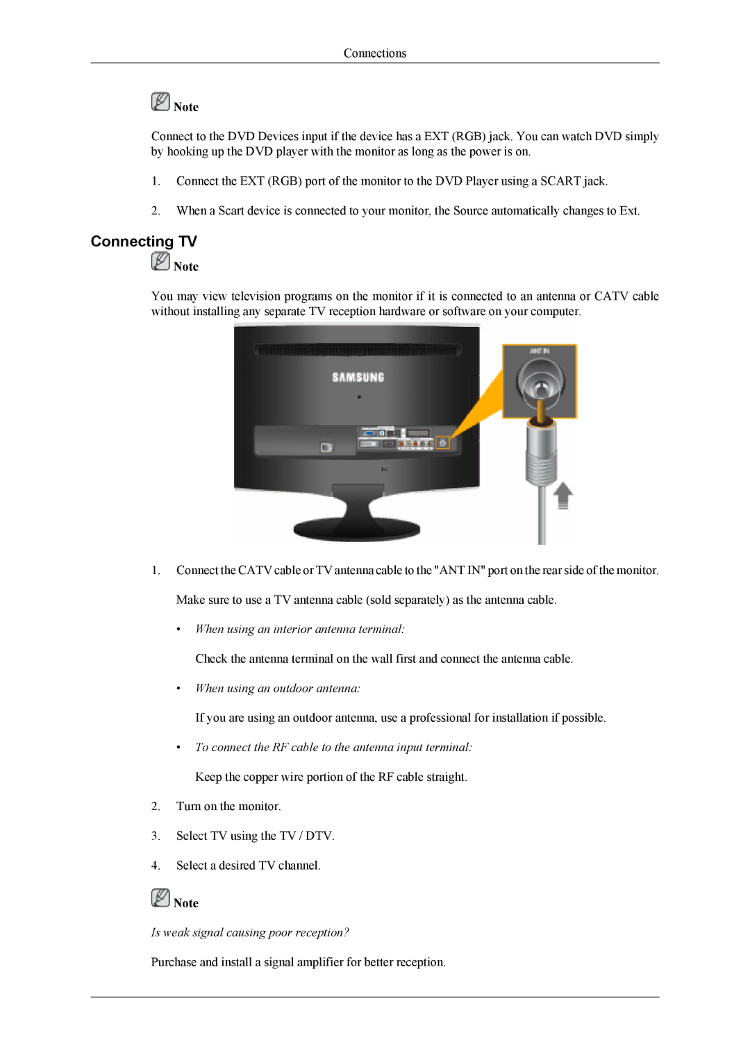 Samsung LS20TDDSUV/EN, LS20TDVSUV/EN Connecting TV, When using an interior antenna terminal, When using an outdoor antenna 