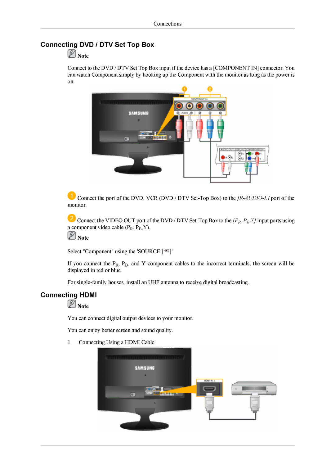 Samsung LS20TDVSUV/EN, LS22TDDSUY/EN, LS20TDDSUV/EN manual Connecting DVD / DTV Set Top Box, Connecting Hdmi 