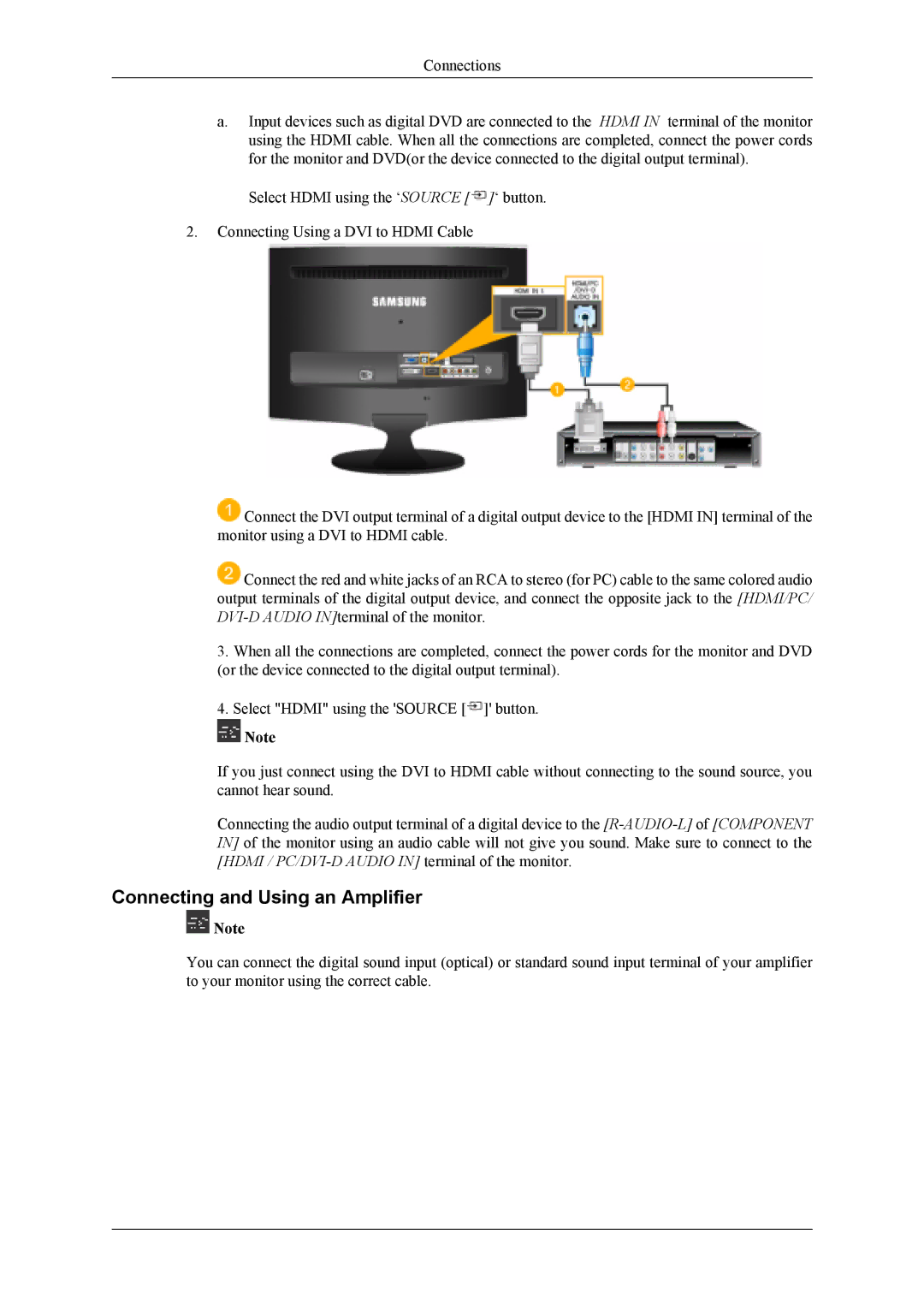 Samsung LS22TDDSUY/EN, LS20TDVSUV/EN, LS20TDDSUV/EN manual Connecting and Using an Amplifier 