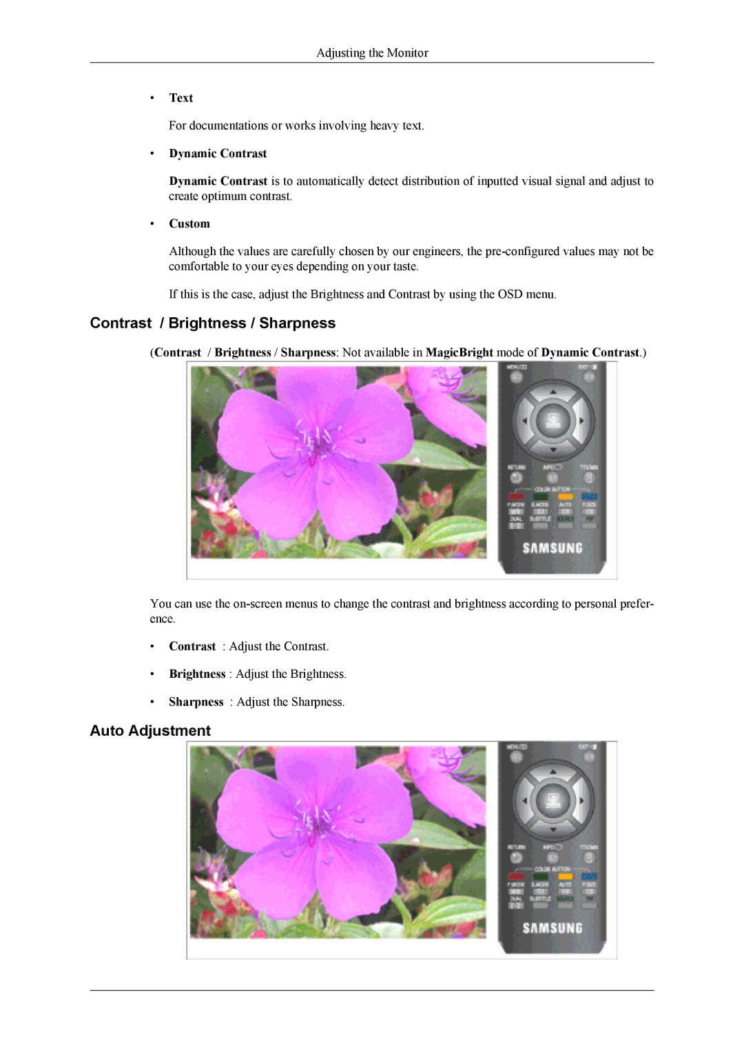 Samsung LS20TDVSU/XE, LS20TDVSUV/EN Contrast / Brightness / Sharpness, Auto Adjustment, Text, Dynamic Contrast, Custom 