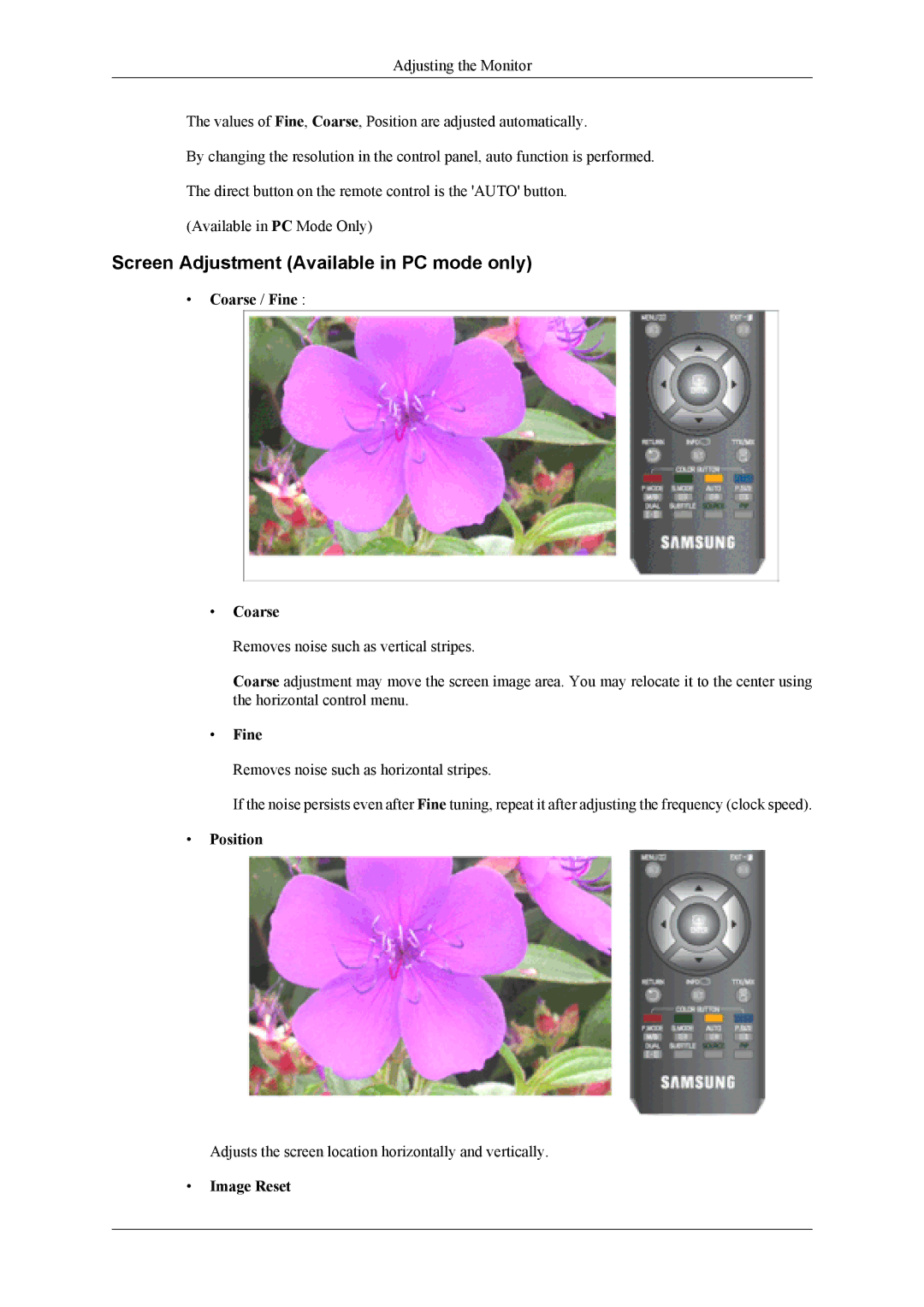 Samsung LS22TDDSU/CI, LS20TDVSUV/EN manual Screen Adjustment Available in PC mode only, Coarse / Fine, Position, Image Reset 