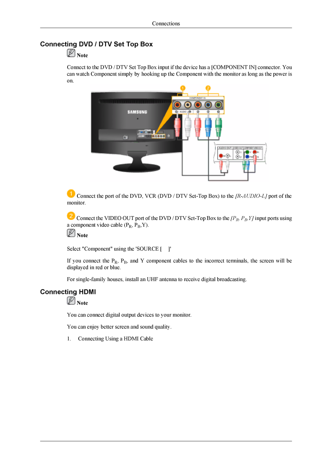 Samsung LS20TDVSUV/EN, LS22TDVSUV/EN, LS20TDDSUV/EN, LS22TDDSUV/EN manual Connecting DVD / DTV Set Top Box, Connecting Hdmi 