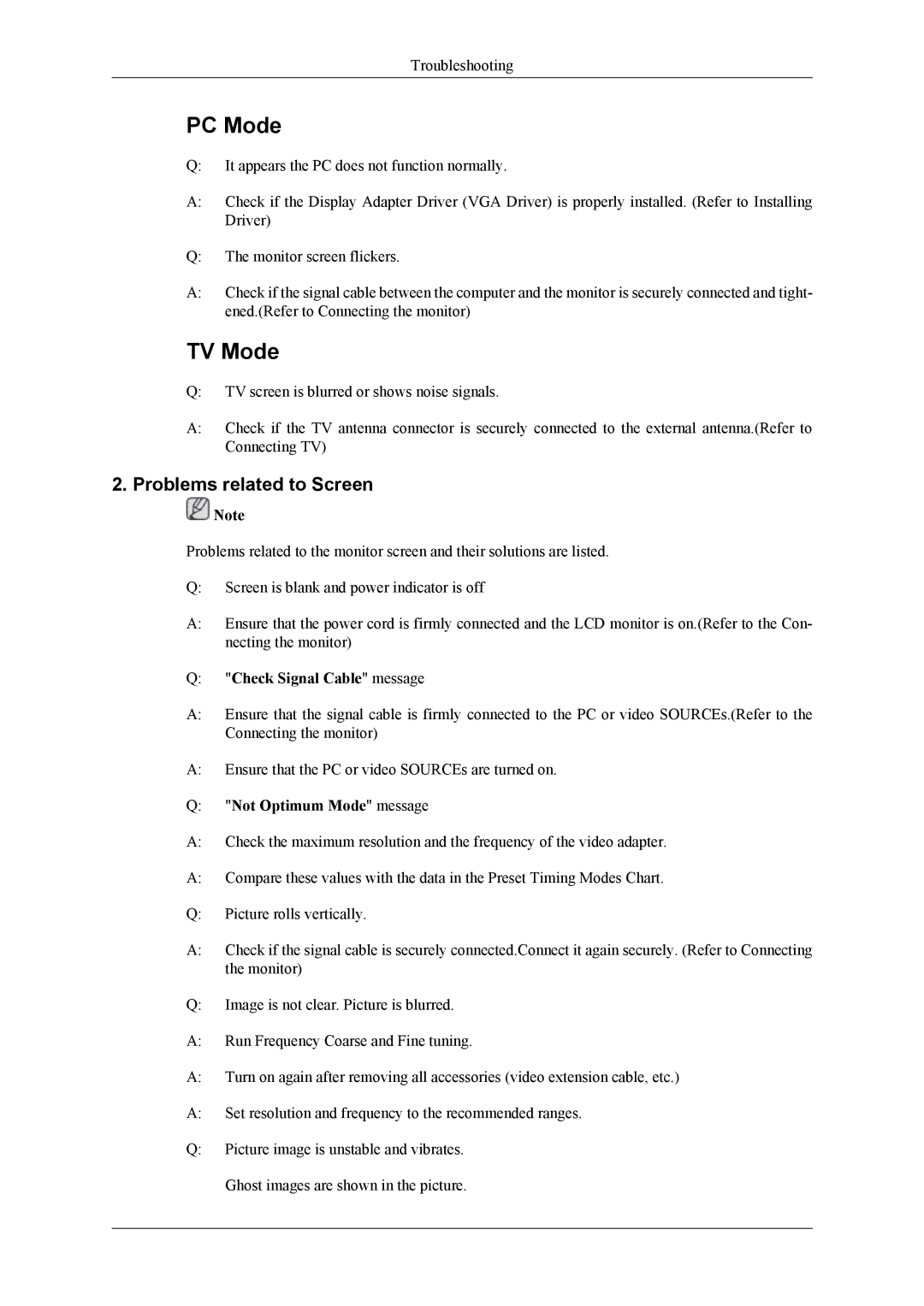 Samsung LS22TDVSUV/XE, LS20TDVSUV/EN manual Problems related to Screen, Check Signal Cable message, Not Optimum Mode message 