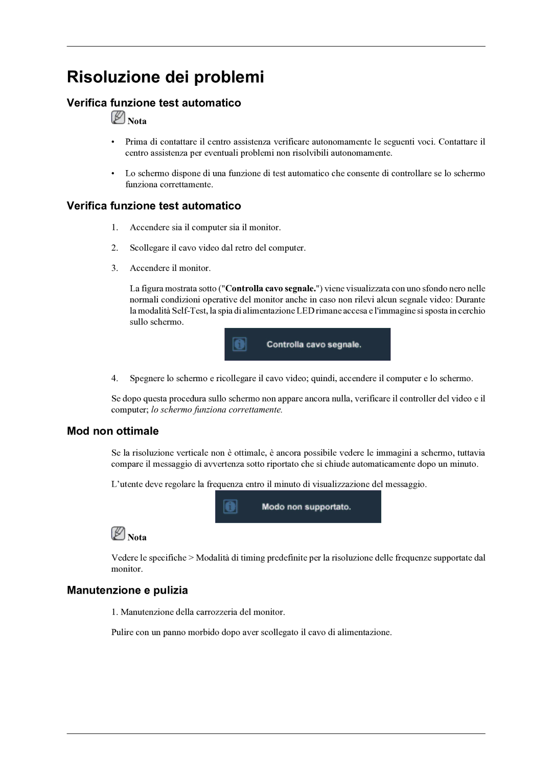 Samsung LS20TDDSUV/EN, LS20TDVSUV/EN manual Risoluzione dei problemi, Verifica funzione test automatico, Mod non ottimale 