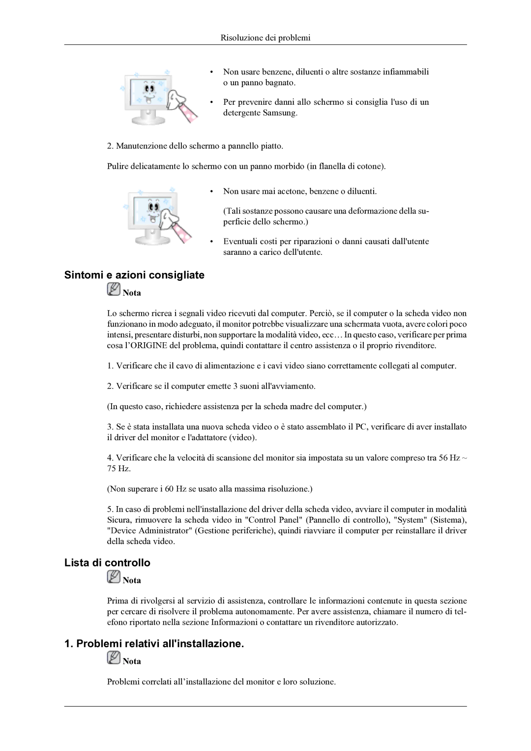 Samsung LS22TDVSUV/EN, LS20TDVSUV/EN Sintomi e azioni consigliate, Lista di controllo, Problemi relativi allinstallazione 