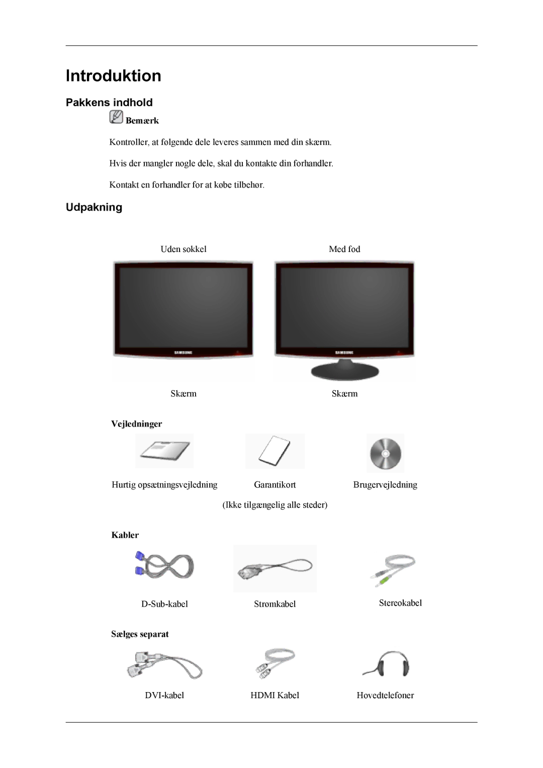 Samsung LS22TDVSUV/XE, LS20TDVSUV/EN, LS22TDVSUV/EN, LS20TDDSUV/EN, LS22TDDSUV/EN Introduktion, Pakkens indhold, Udpakning 