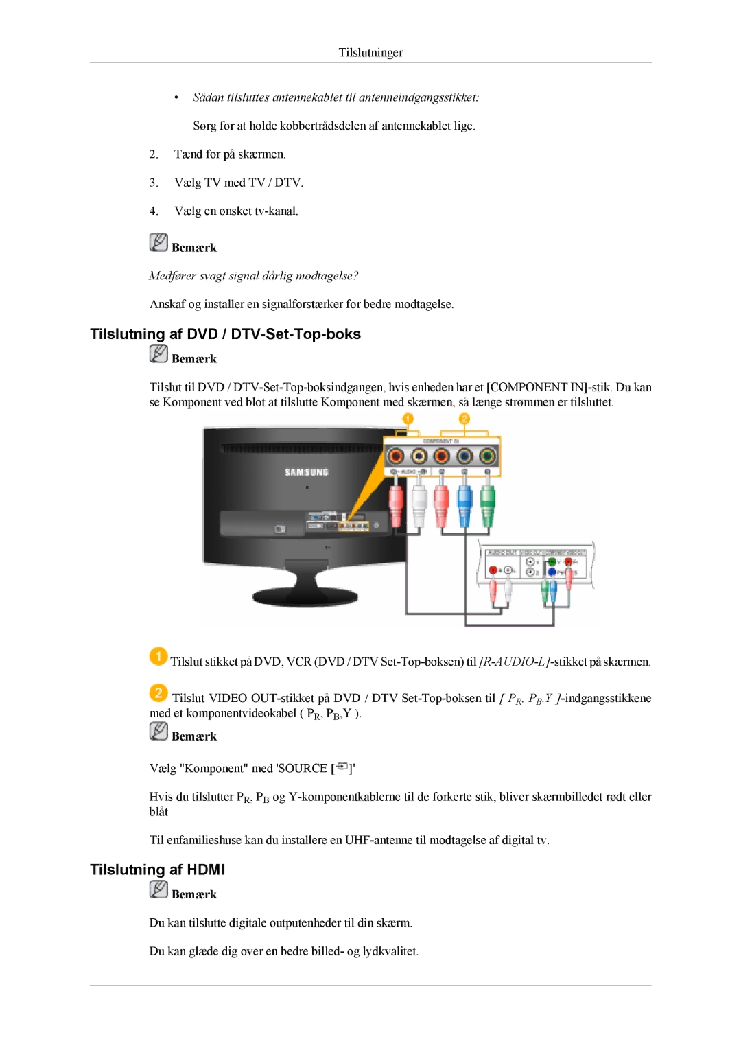 Samsung LS20TDVSU/XE, LS20TDVSUV/EN, LS22TDVSUV/EN, LS20TDDSUV/EN Tilslutning af DVD / DTV-Set-Top-boks, Tilslutning af Hdmi 