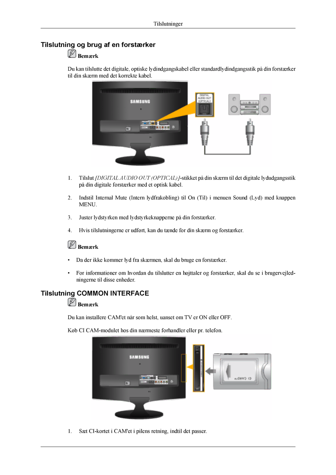 Samsung LS22TDVSUV/EN, LS20TDVSUV/EN, LS20TDDSUV/EN manual Tilslutning og brug af en forstærker, Tilslutning Common Interface 