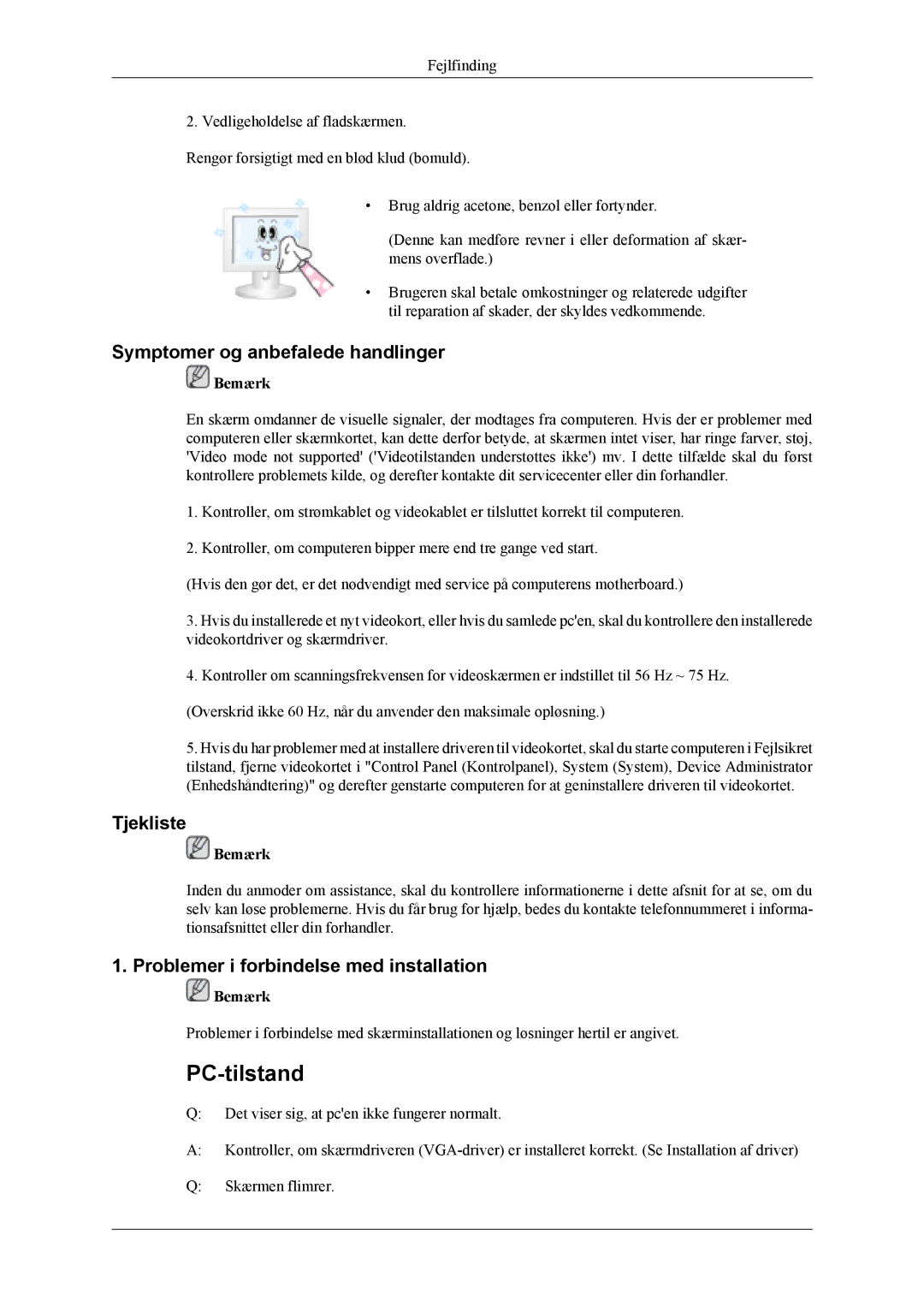 Samsung LS22TDDSUV/EN manual Symptomer og anbefalede handlinger, Tjekliste, Problemer i forbindelse med installation 