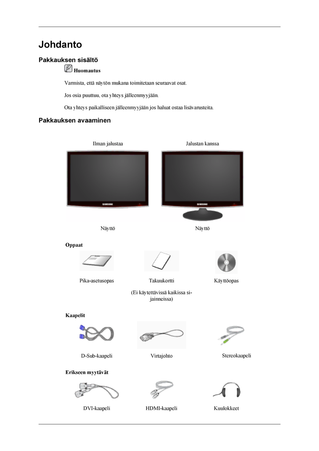 Samsung LS22TDVSUV/XE, LS20TDVSUV/EN, LS22TDVSUV/EN, LS20TDDSUV/EN manual Johdanto, Pakkauksen sisältö, Pakkauksen avaaminen 