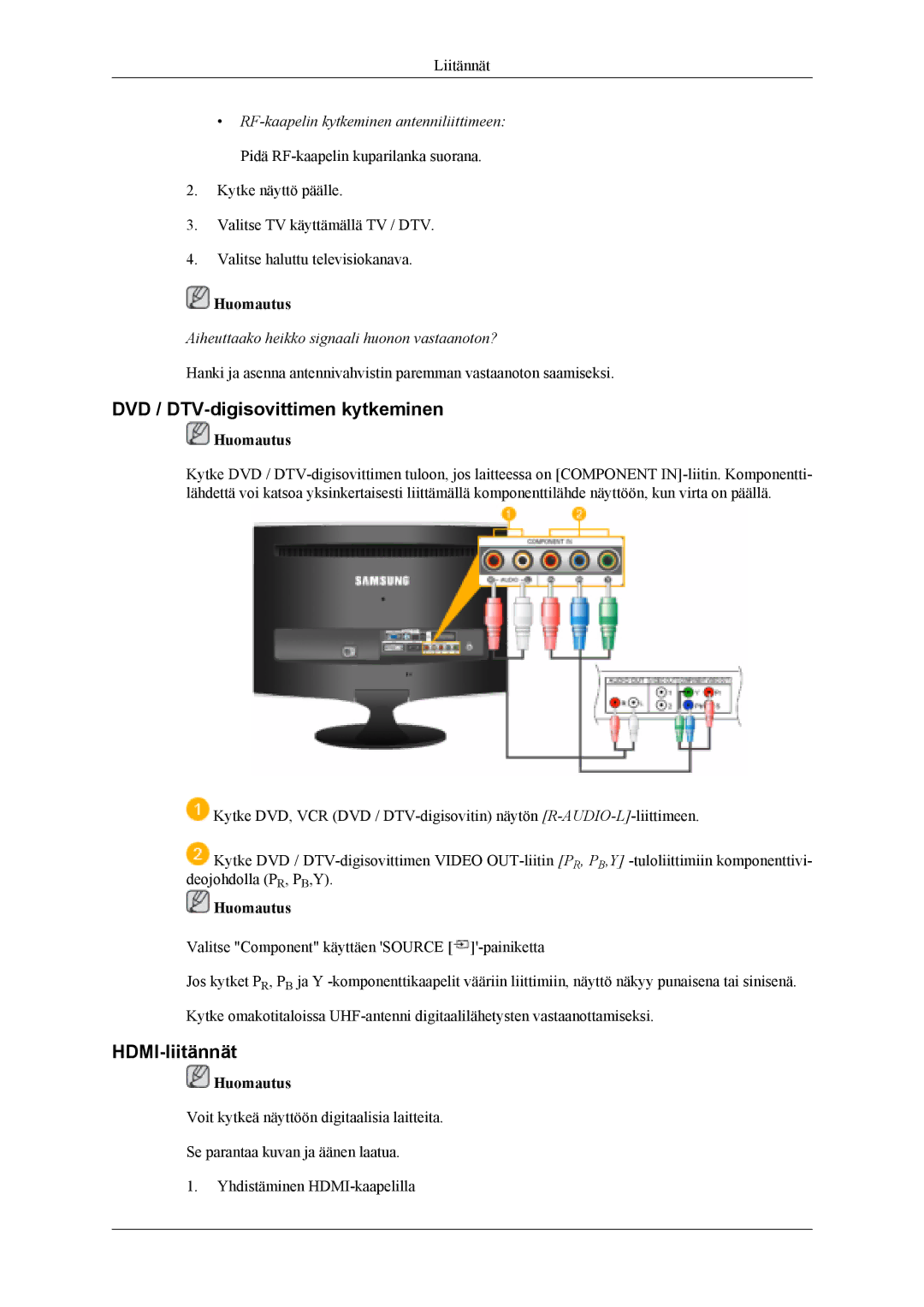 Samsung LS20TDVSU/XE, LS20TDVSUV/EN, LS22TDVSUV/EN, LS20TDDSUV/EN manual DVD / DTV-digisovittimen kytkeminen, HDMI-liitännät 