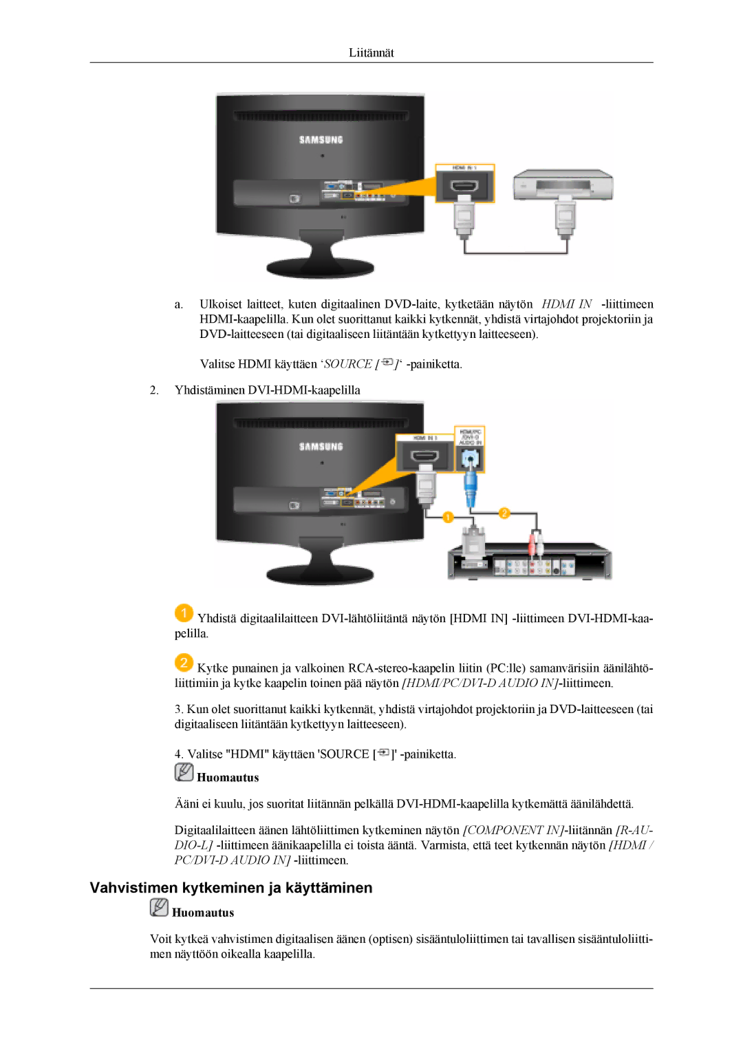 Samsung LS20TDVSUV/EN, LS22TDVSUV/EN, LS20TDDSUV/EN, LS22TDDSUV/EN, LS22TDVSUV/XE manual Vahvistimen kytkeminen ja käyttäminen 