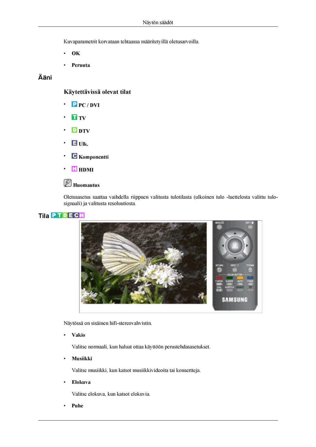 Samsung LS22TDVSUV/XE, LS20TDVSUV/EN, LS22TDVSUV/EN, LS20TDDSUV/EN, LS22TDDSUV/EN, LS20TDVSU/XE manual Ääni, Musiikki, Puhe 