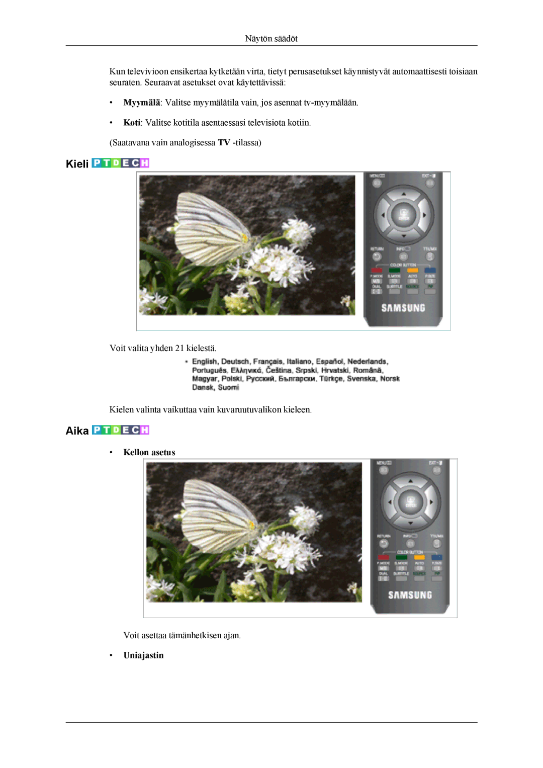 Samsung LS20TDVSU/XE, LS20TDVSUV/EN, LS22TDVSUV/EN, LS20TDDSUV/EN, LS22TDDSUV/EN manual Kieli, Aika, Kellon asetus, Uniajastin 