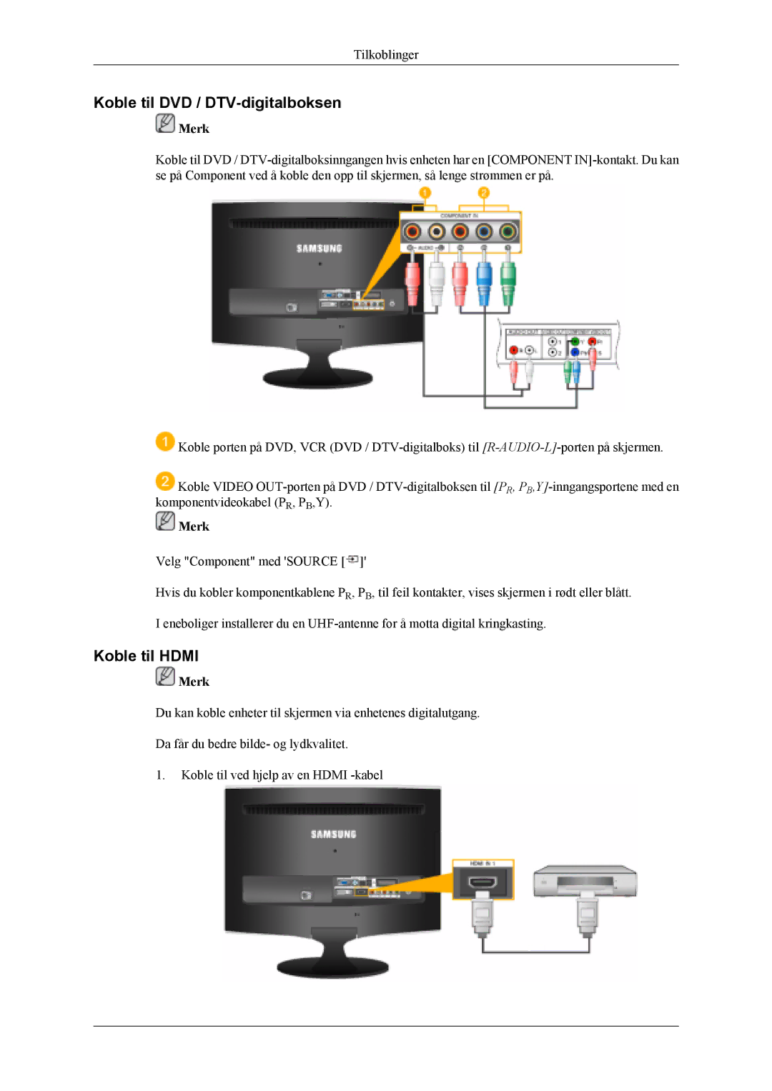 Samsung LS20TDVSU/XE, LS20TDVSUV/EN, LS22TDVSUV/EN, LS20TDDSUV/EN manual Koble til DVD / DTV-digitalboksen, Koble til Hdmi 