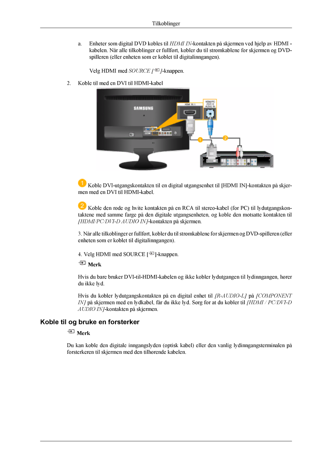 Samsung LS20TDVSUV/EN, LS22TDVSUV/EN, LS20TDDSUV/EN, LS22TDDSUV/EN, LS22TDVSUV/XE manual Koble til og bruke en forsterker 