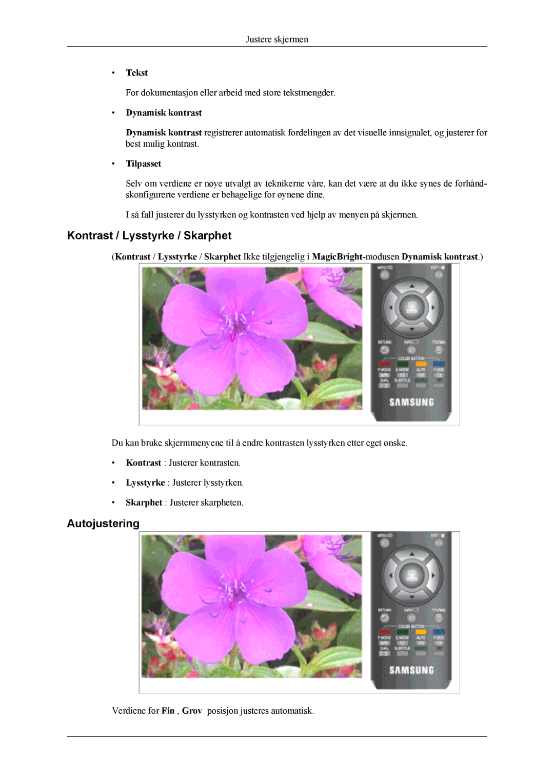 Samsung LS20TDDSUV/EN, LS20TDVSUV/EN, LS20TDVSU/XE Kontrast / Lysstyrke / Skarphet, Autojustering, Tekst, Dynamisk kontrast 