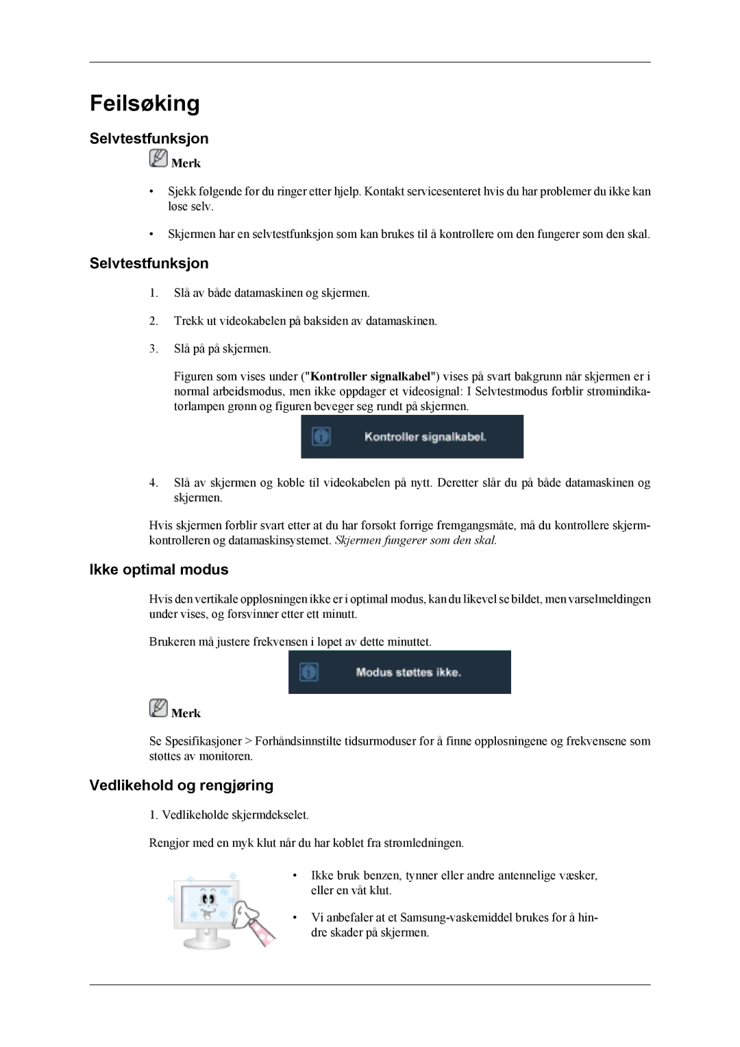 Samsung LS20TDVSUV/EN, LS22TDVSUV/EN manual Feilsøking, Selvtestfunksjon, Ikke optimal modus, Vedlikehold og rengjøring 