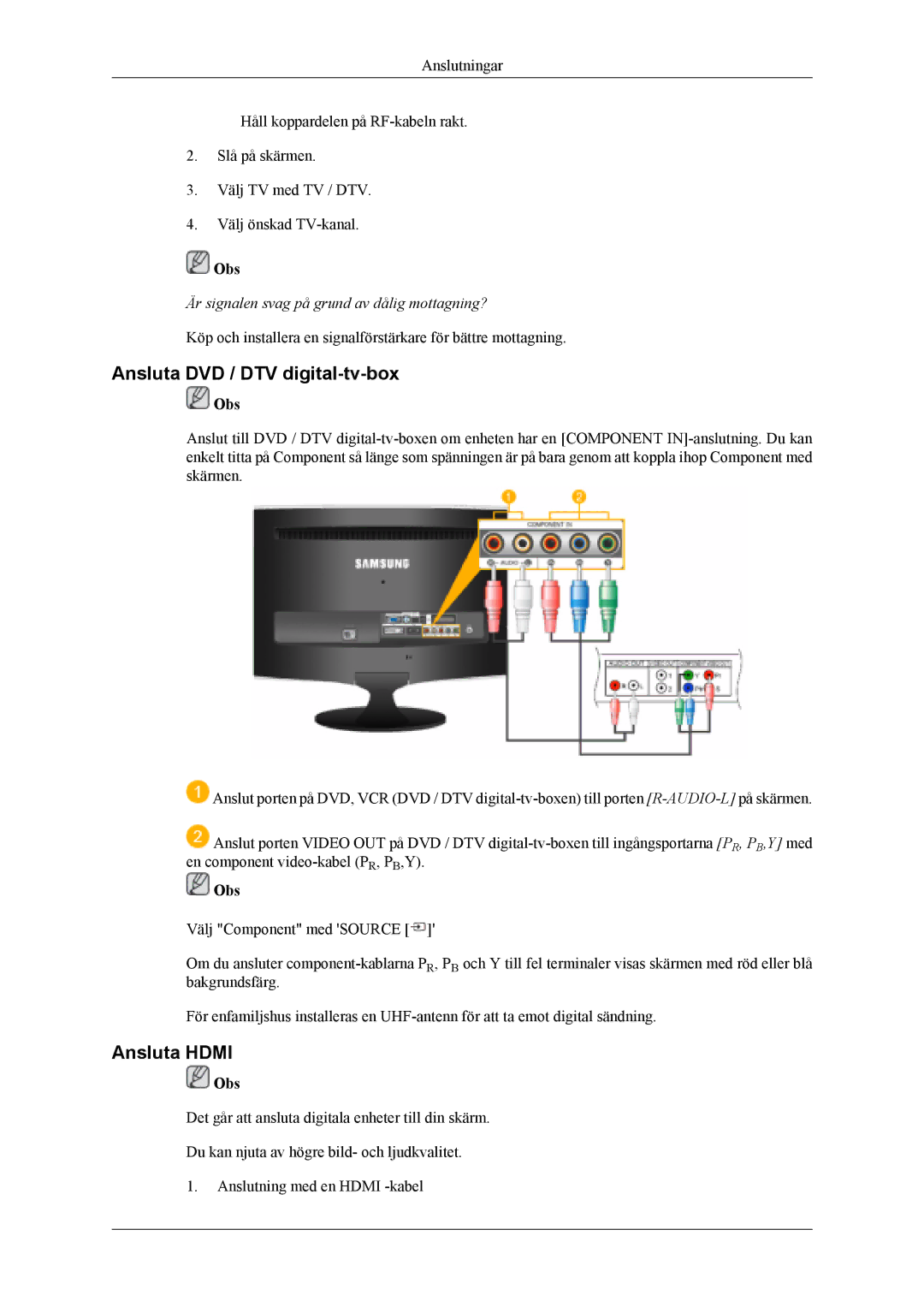 Samsung LS20TDVSU/XE, LS20TDVSUV/EN, LS22TDVSUV/EN, LS20TDDSUV/EN manual Ansluta DVD / DTV digital-tv-box, Ansluta Hdmi 