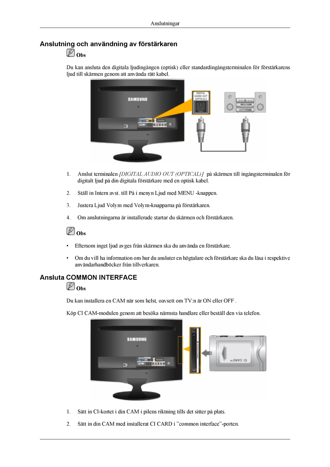 Samsung LS22TDVSUV/EN, LS20TDVSUV/EN, LS20TDDSUV/EN Anslutning och användning av förstärkaren, Ansluta Common Interface 