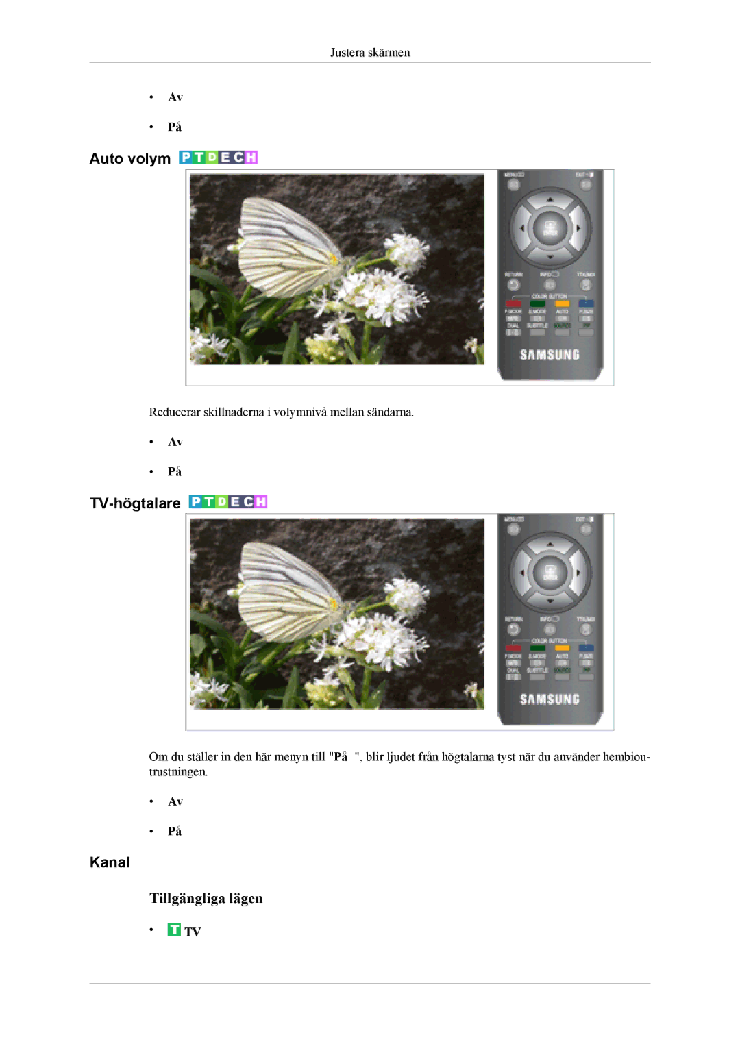 Samsung LS22TDVSUV/EN, LS20TDVSUV/EN, LS20TDDSUV/EN, LS22TDDSUV/EN, LS22TDVSUV/XE manual Auto volym, TV-högtalare, Kanal 