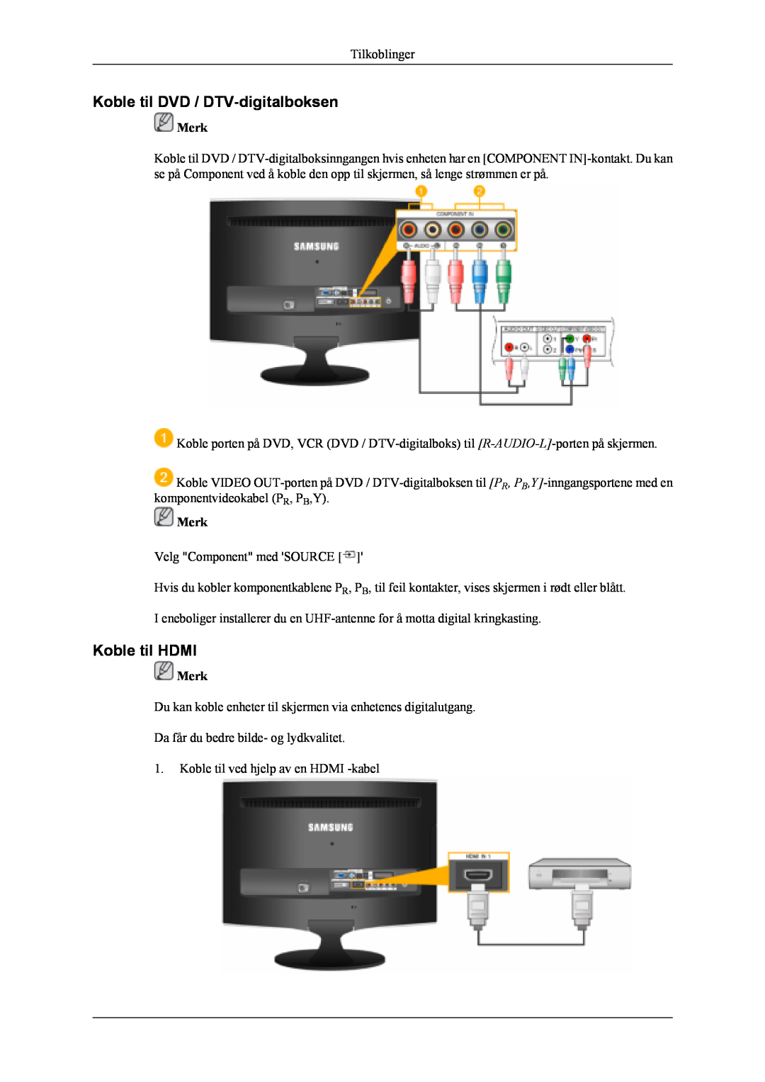 Samsung LS20TDVSU/XE, LS20TDVSUV/EN, LS22TDVSUV/EN, LS20TDDSUV/EN Koble til DVD / DTV-digitalboksen, Koble til HDMI, Merk 