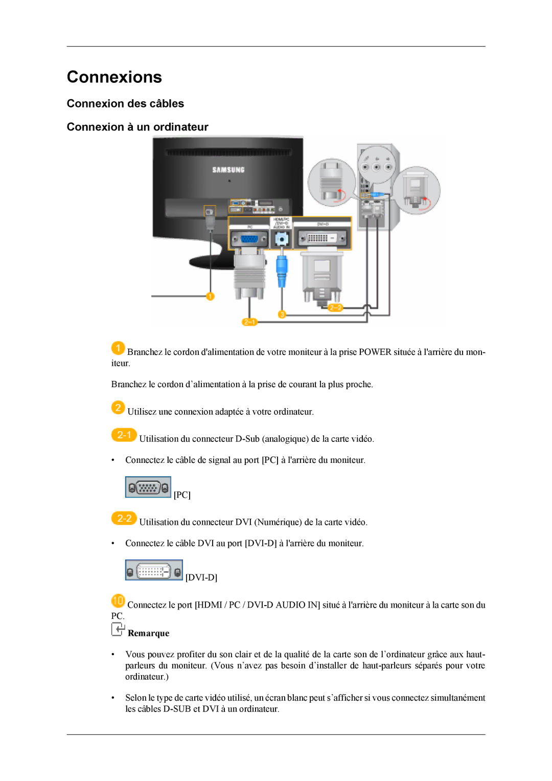 Samsung LS22TDVSUV/EN, LS20TDVSUV/EN, LS20TDDSUV/EN manual Connexions, Connexion des câbles Connexion à un ordinateur 