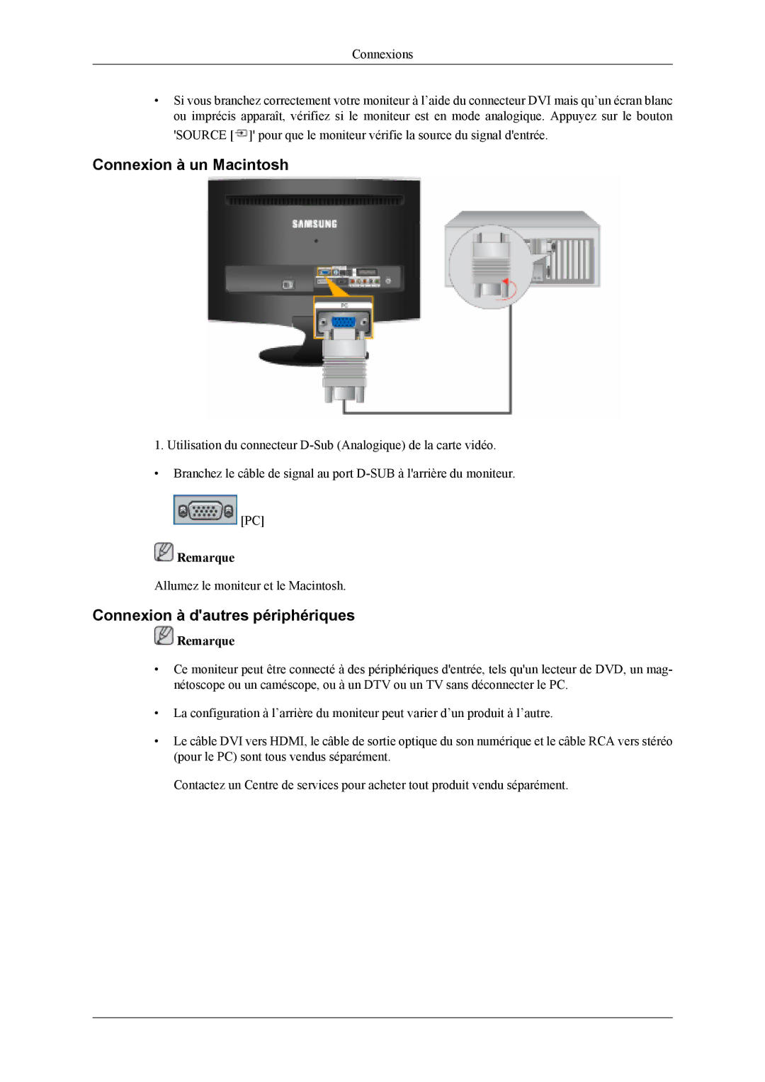 Samsung LS20TDDSUV/EN, LS20TDVSUV/EN, LS22TDVSUV/EN manual Connexion à un Macintosh, Connexion à dautres périphériques 