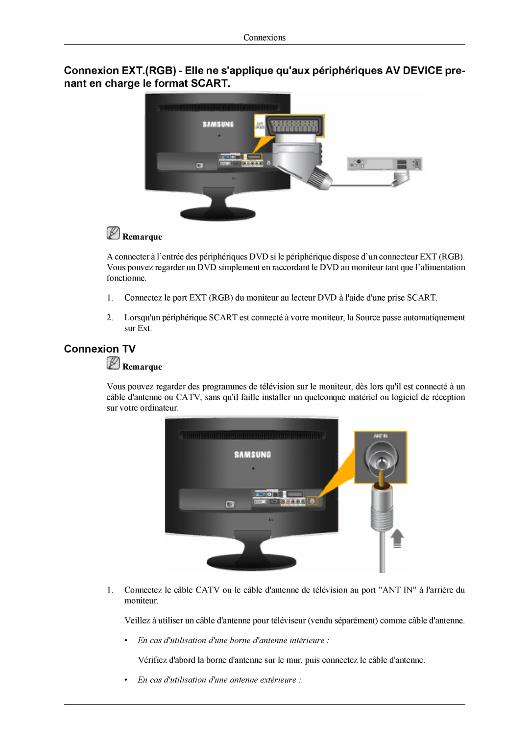 Samsung LS22TDDSUV/EN, LS20TDVSUV/EN, LS22TDVSUV/EN manual Connexion TV, En cas dutilisation dune borne dantenne intérieure 