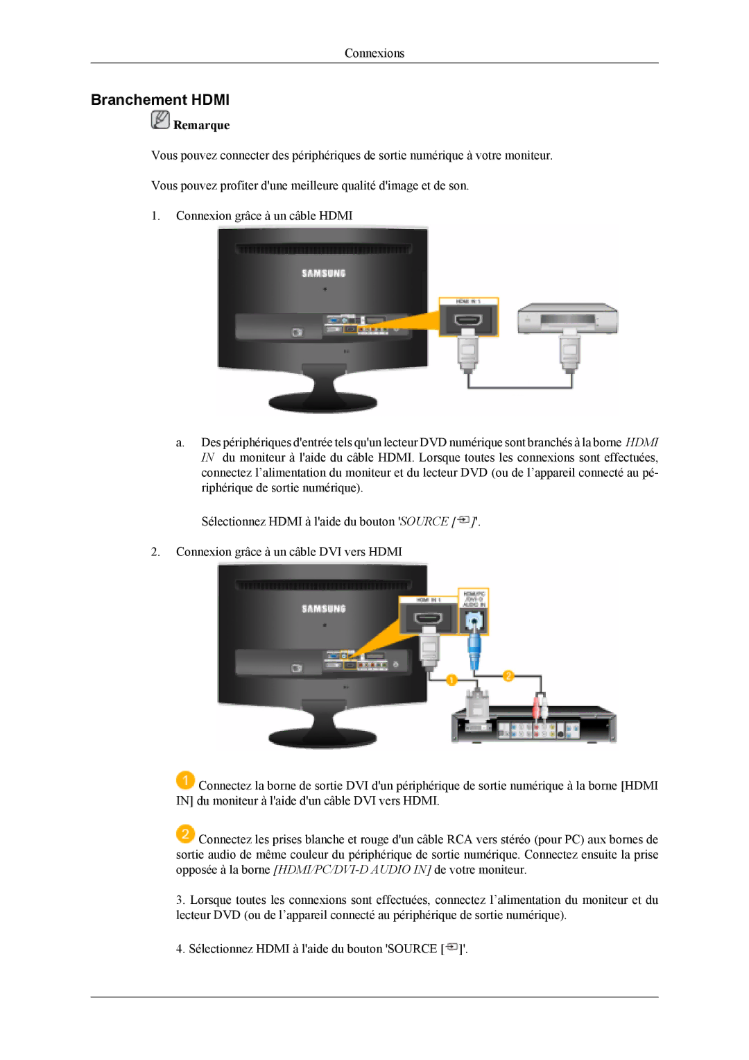 Samsung LS22TDVSUV/EN, LS20TDVSUV/EN, LS20TDDSUV/EN, LS22TDDSUV/EN manual Branchement Hdmi 