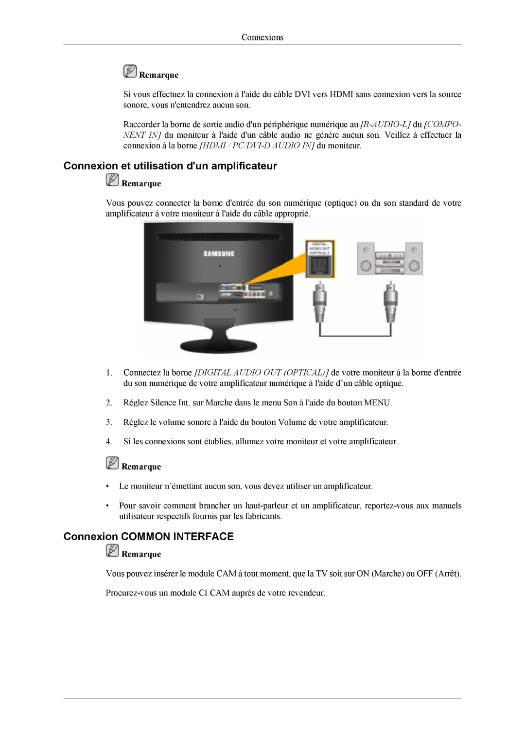 Samsung LS20TDDSUV/EN, LS20TDVSUV/EN, LS22TDVSUV/EN Connexion et utilisation dun amplificateur, Connexion Common Interface 