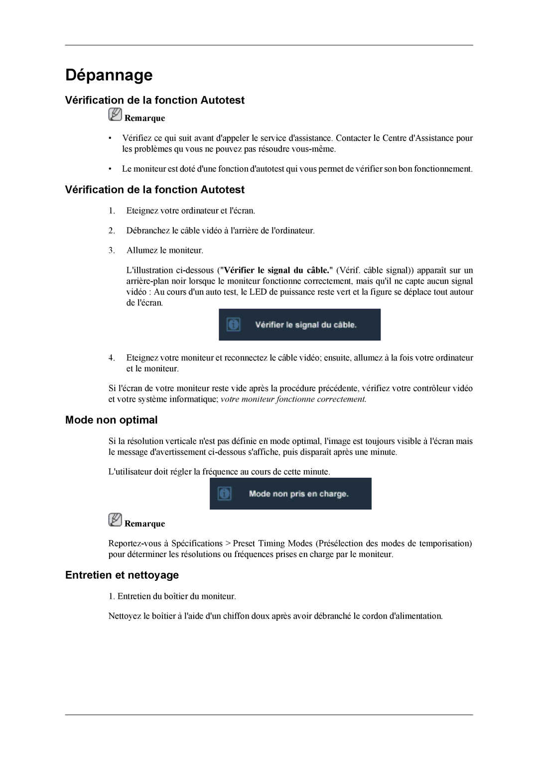 Samsung LS22TDVSUV/EN, LS20TDVSUV/EN manual Vérification de la fonction Autotest, Mode non optimal, Entretien et nettoyage 