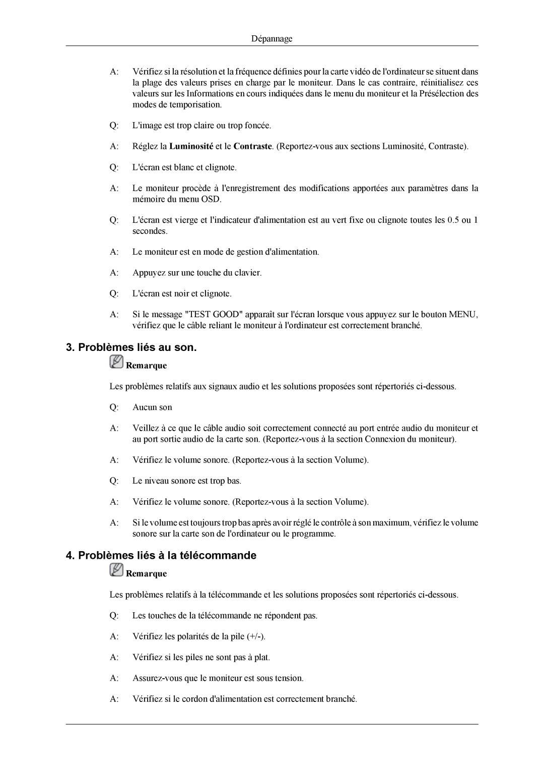 Samsung LS20TDVSUV/EN, LS22TDVSUV/EN, LS20TDDSUV/EN, LS22TDDSUV/EN Problèmes liés au son, Problèmes liés à la télécommande 