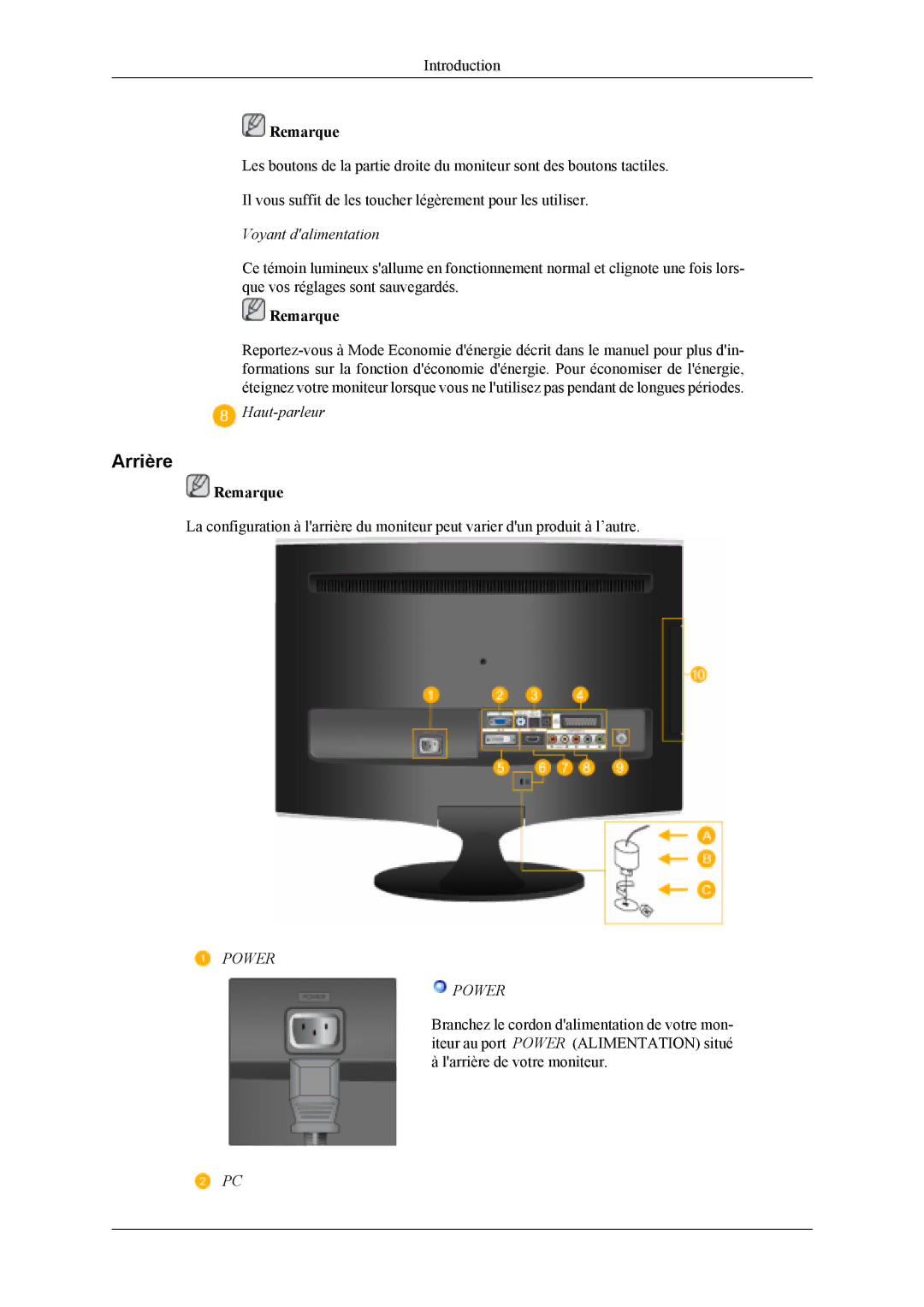 Samsung LS22TDVSUV/EN, LS20TDVSUV/EN, LS20TDDSUV/EN, LS22TDDSUV/EN manual Arrière, Voyant dalimentation 