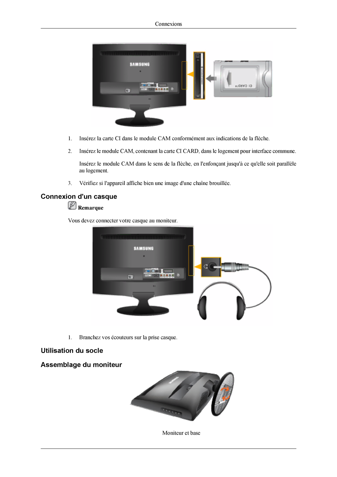 Samsung LS22TDDSUV/EN, LS20TDVSUV/EN, LS22TDVSUV/EN manual Connexion dun casque, Utilisation du socle Assemblage du moniteur 