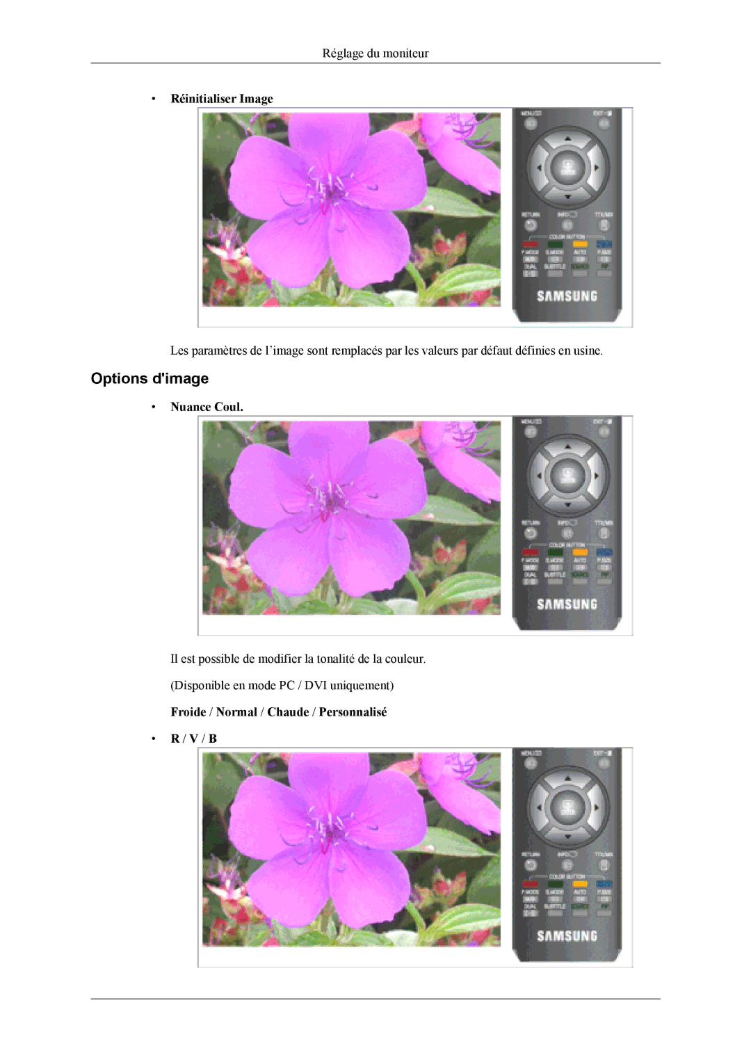 Samsung LS20TDDSUV/EN, LS20TDVSUV/EN, LS22TDVSUV/EN, LS22TDDSUV/EN manual Options dimage, Réinitialiser Image, Nuance Coul 