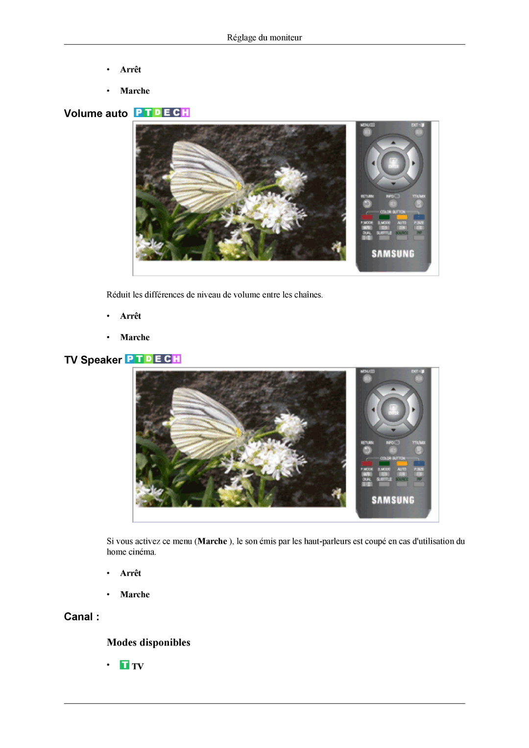 Samsung LS20TDDSUV/EN, LS20TDVSUV/EN, LS22TDVSUV/EN, LS22TDDSUV/EN manual Volume auto, TV Speaker, Canal, Arrêt Marche 