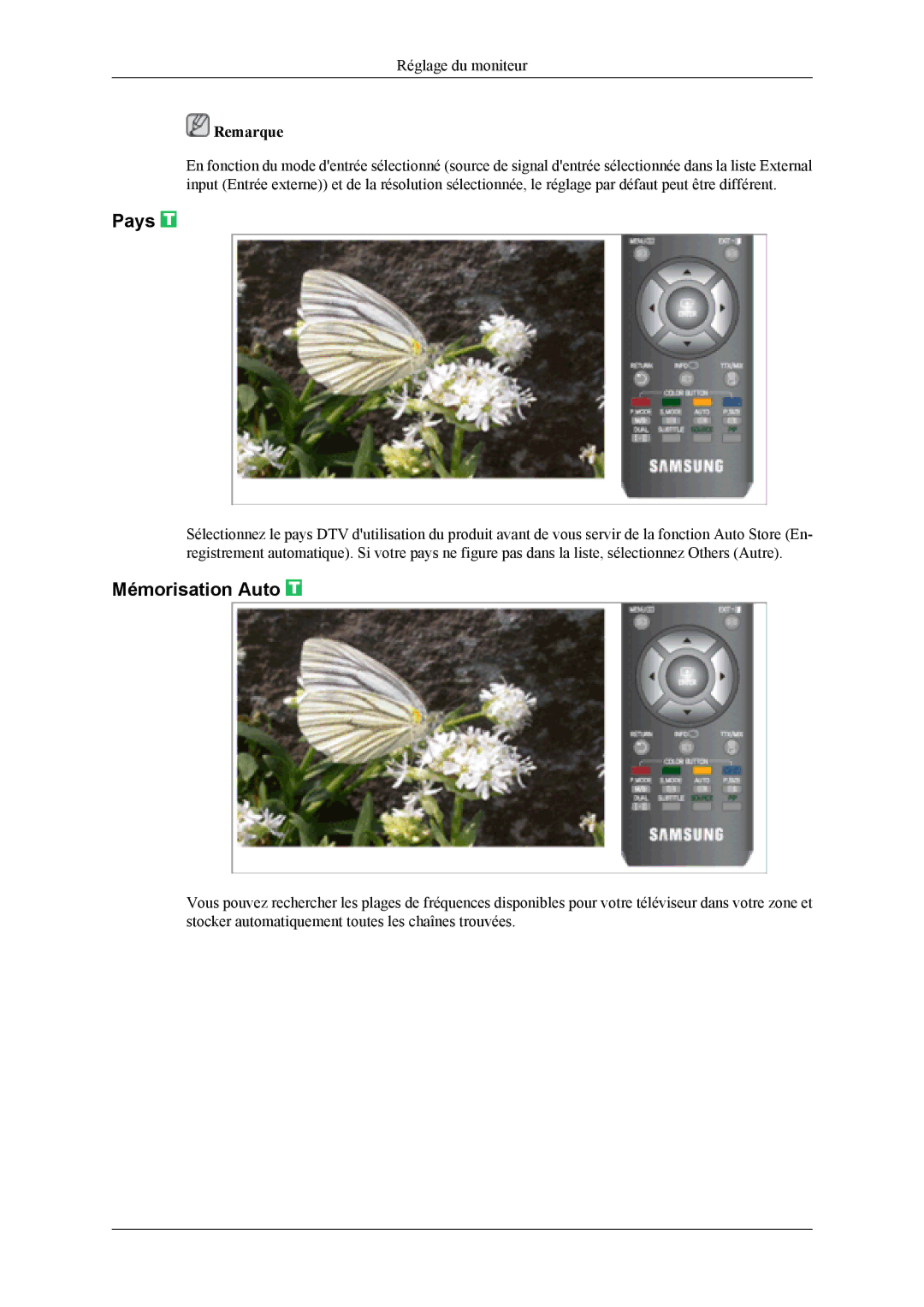 Samsung LS22TDDSUV/EN, LS20TDVSUV/EN, LS22TDVSUV/EN, LS20TDDSUV/EN manual Pays, Mémorisation Auto 