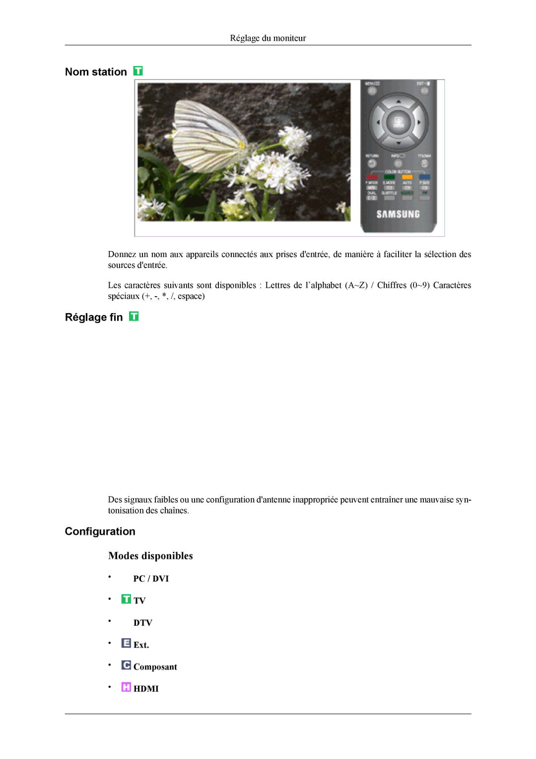 Samsung LS20TDDSUV/EN, LS20TDVSUV/EN, LS22TDVSUV/EN, LS22TDDSUV/EN manual Nom station, Réglage fin, Configuration 