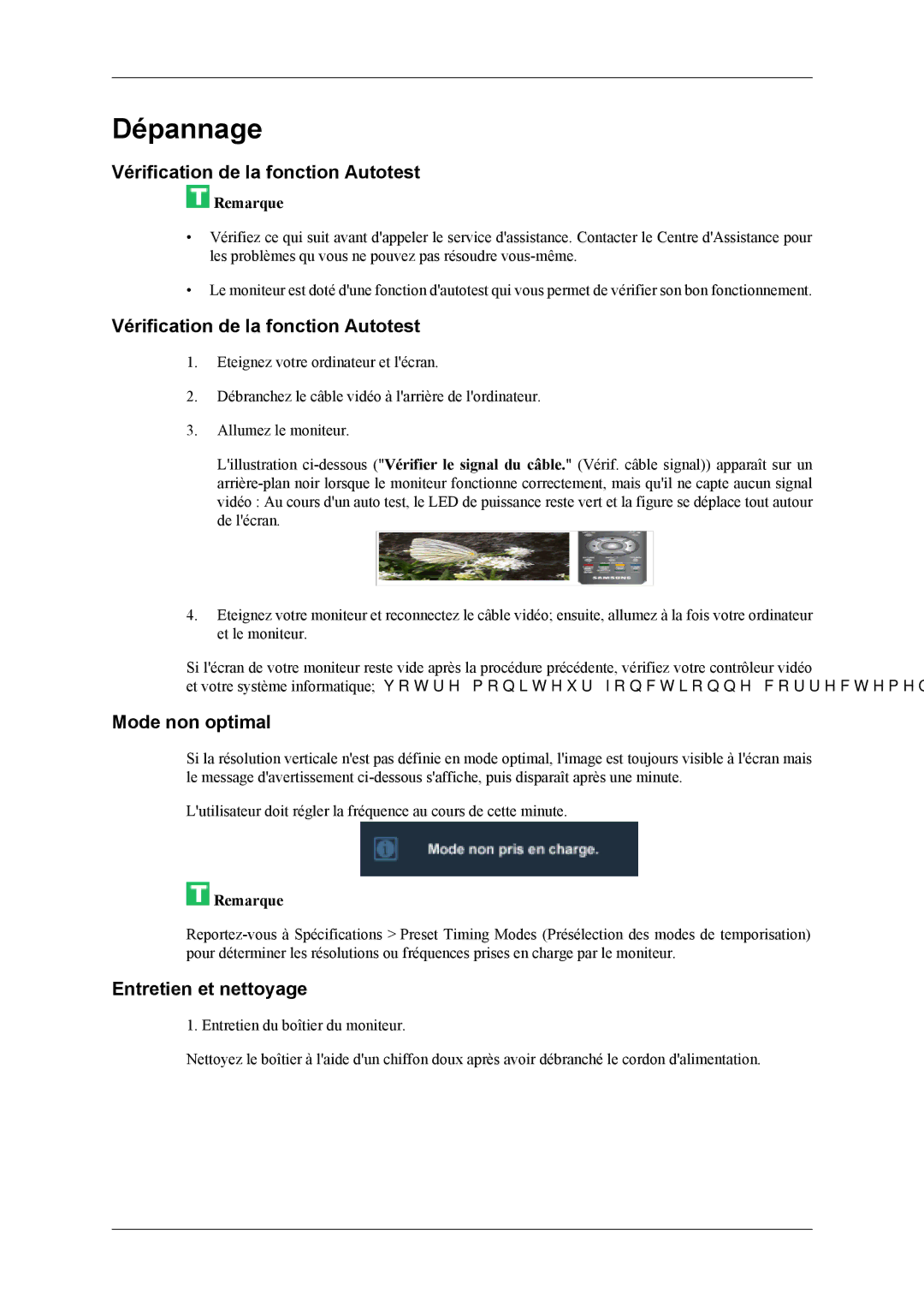 Samsung LS22TDDSUV/EN manual Dépannage, Vérification de la fonction Autotest, Mode non optimal, Entretien et nettoyage 